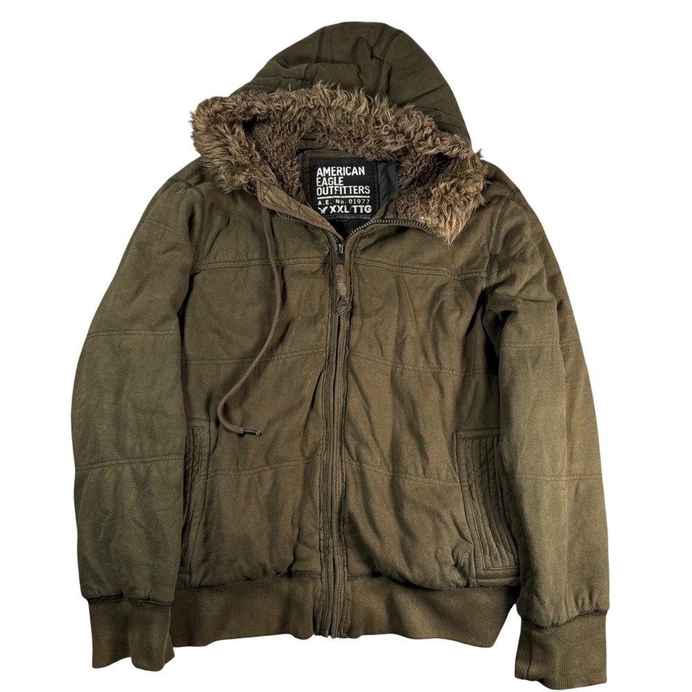 American Eagle Surplus Hooded Jacket Mens XXL Green Faux Fur Lined Military Y2K